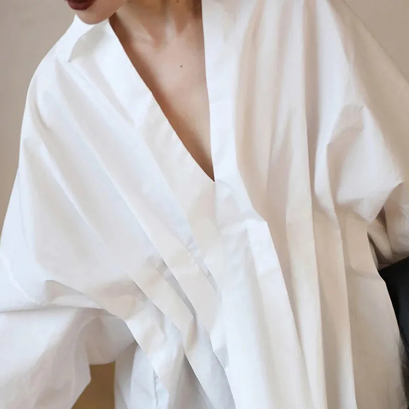 Freeacy 2023 Spring Summer New White Long Sleeves One-size Loose Pleated Blouses Lapel Collar Shirt Tops For Urban Women