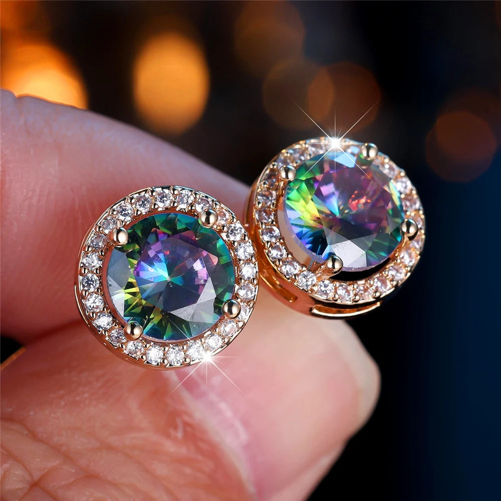 Cute Female Multicolor Pink Black Zircon Round Stone Stud Earrings Gold Color Wedding Jewelry For Women | Kimlud Mid...