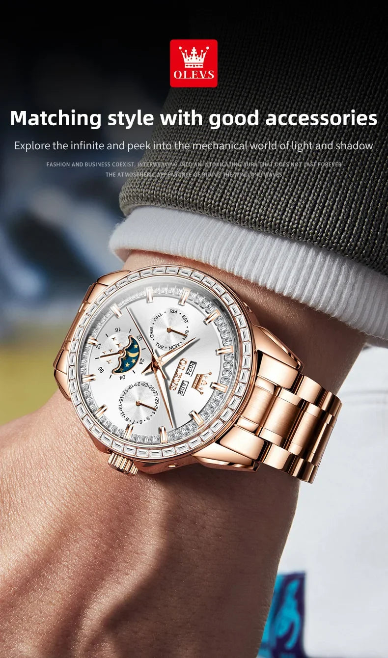 OLEVS 6695 NEW Men's Watches Full Multifunctional Dial Blue Leather Strap Calendar Week Moon Phase Waterproof Wristwatch...