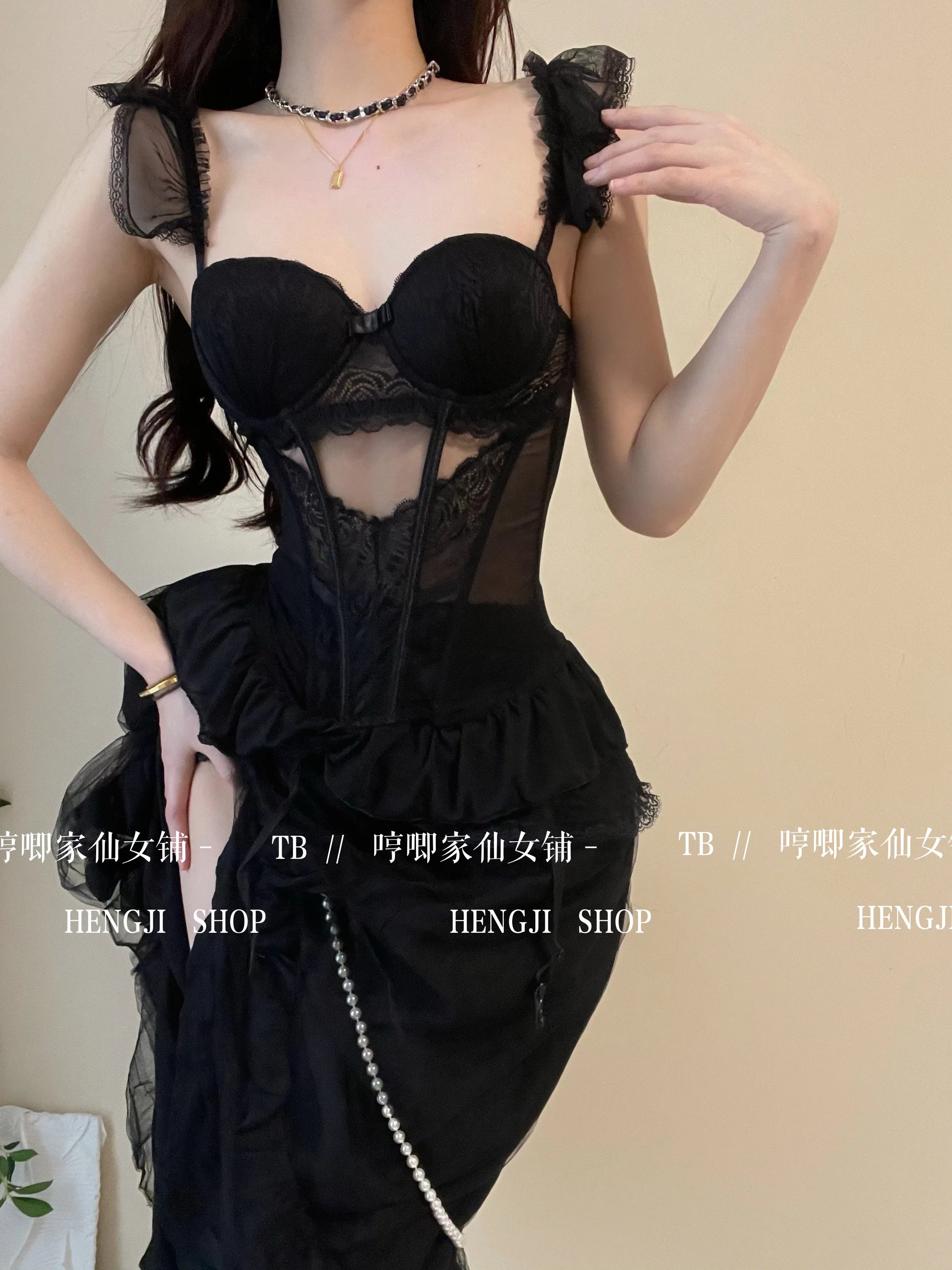 WOMENGAGA Fairy Lace Mesh Sexy Black Mini Tank Summer Beach Dress Elegant Ruffles Tops Autumn Sweet Korean Women 2022 CP8L