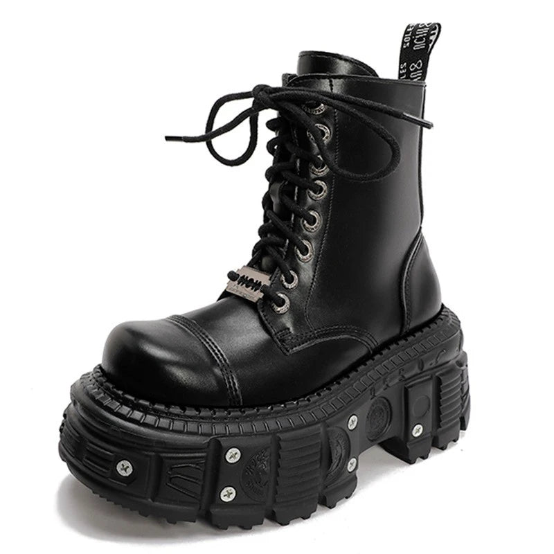 Women Punk Boots Platform Personalized Design Shoes Leather Cool Boots Retro Chunky High Quality Lace Up Casual Outdoor Shoes 42