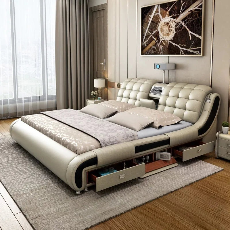 Modern Luxury Bedroom Furniture Smart Electric Massage Up-holstered Beds king Size Double Bed Gas Lift Frame with Storage Design