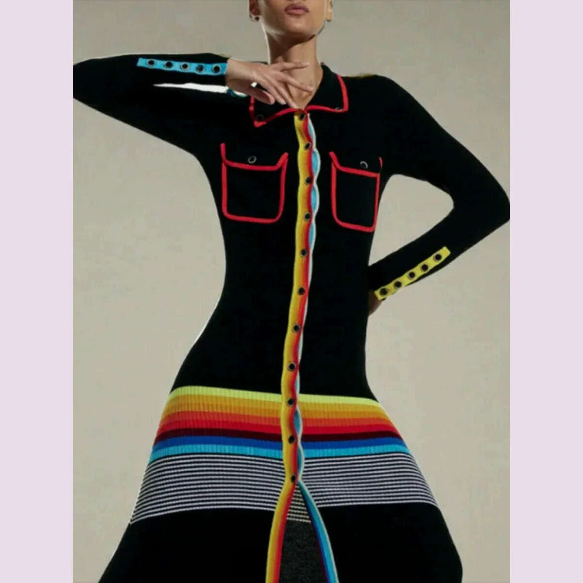 Freeacy Women's Colorful Striped Skinny Dress Lapel Neck Long Sleeves Single-breasted Ankle-Length Dress Autumn Women's Clothing