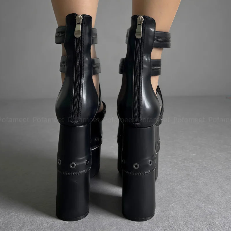 Sexy Women Mary Janes Chunky Heel Pumps Platform Shoes Pointed Toe Ankle Cross Strap Chain Decor Dress Shoes High Heel Sandals