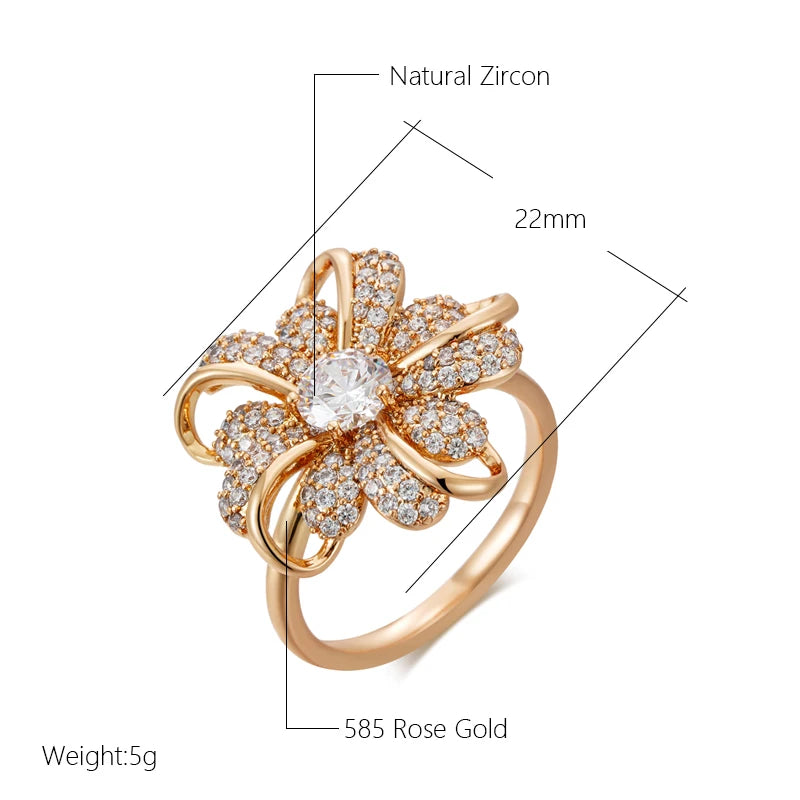 Kinel Hot 585 Rose Gold Color Big Crystal Flower Rings for Women Full Shiny Natural Zircon Accessories Modern Daily Fine Jewelry