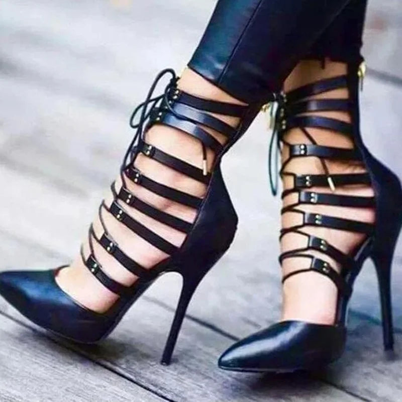 Rome Shoes Strappy Sandals Women Pointed Toe Cut-out Lace-up Cross Strap Thin Heels Pump Shoes Women | Kimlud Premium Shoes