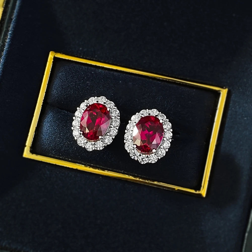 Wong Rain Vintage 100% 925 Sterling Silver Oval Cut 6*8 MM Ruby Sapphire High Carbon Diamond Gemstone Ear Studs Earrings...