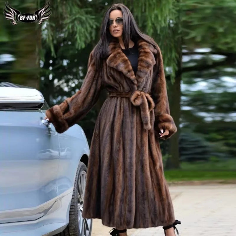 BFFUR Real Mink Full Pelt Mink Fur Coat Winter Women Fashion Warm Clothing Natural Fur Coats Lurxury Collar Fur Long Mink Jacket
