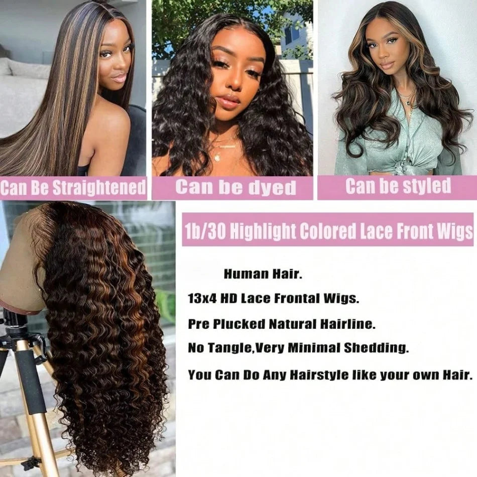 1B/30 Highlight Ombre Lace Front Wig Human Hair 200 Density Deep Wave 13x6 HD Transparent Lace Frontal Wigs Human Hair For Women