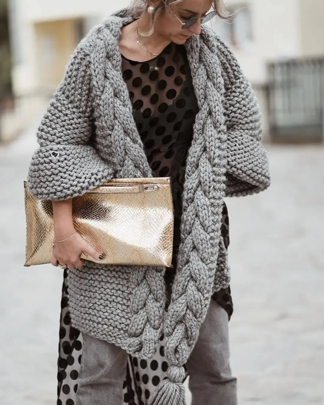 Hand-woven Split Wild Tassels Hook Twist Sweater Coat Crocheted Cardigan Autumn and Winter Thick Long Lantern Sleeve...