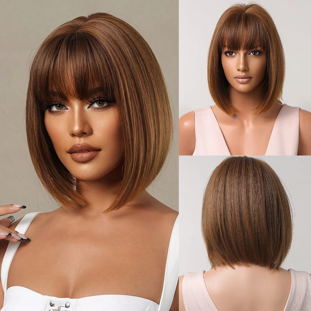 Short straight synthetic wig Ginger Brown Bob wig with straight bangs Ladies Cosplay daily natural high temperature silk wig