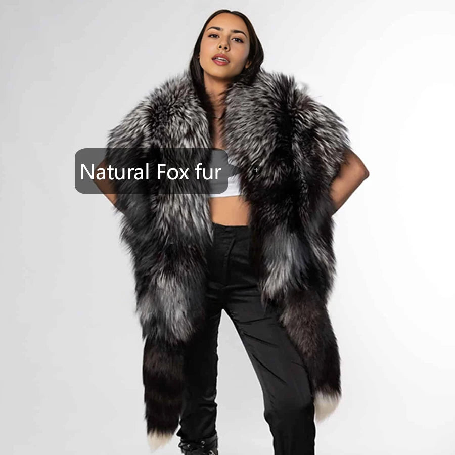 Real Silver Fox Fur Coat For Women Real Long Fox Fur Cape With Tails Real Fox Fur Shawl Best Selling Natural Fur Jacket