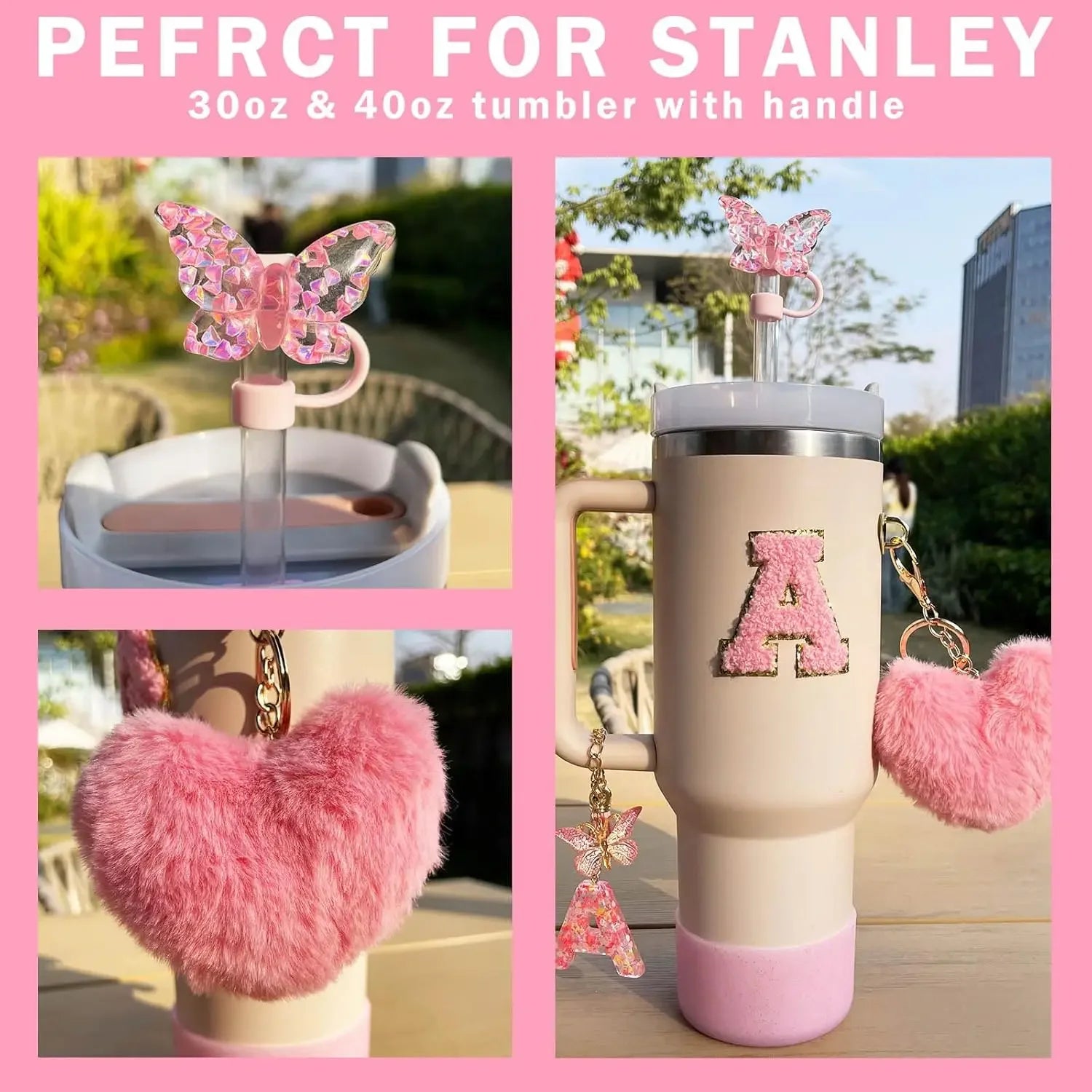 9PCS Cup Accessory Set for Stanley 30oz 40oz Butterfly Straw Cover Cap Silicone Boot Charm Initials Sticker Spill Proof Stopper