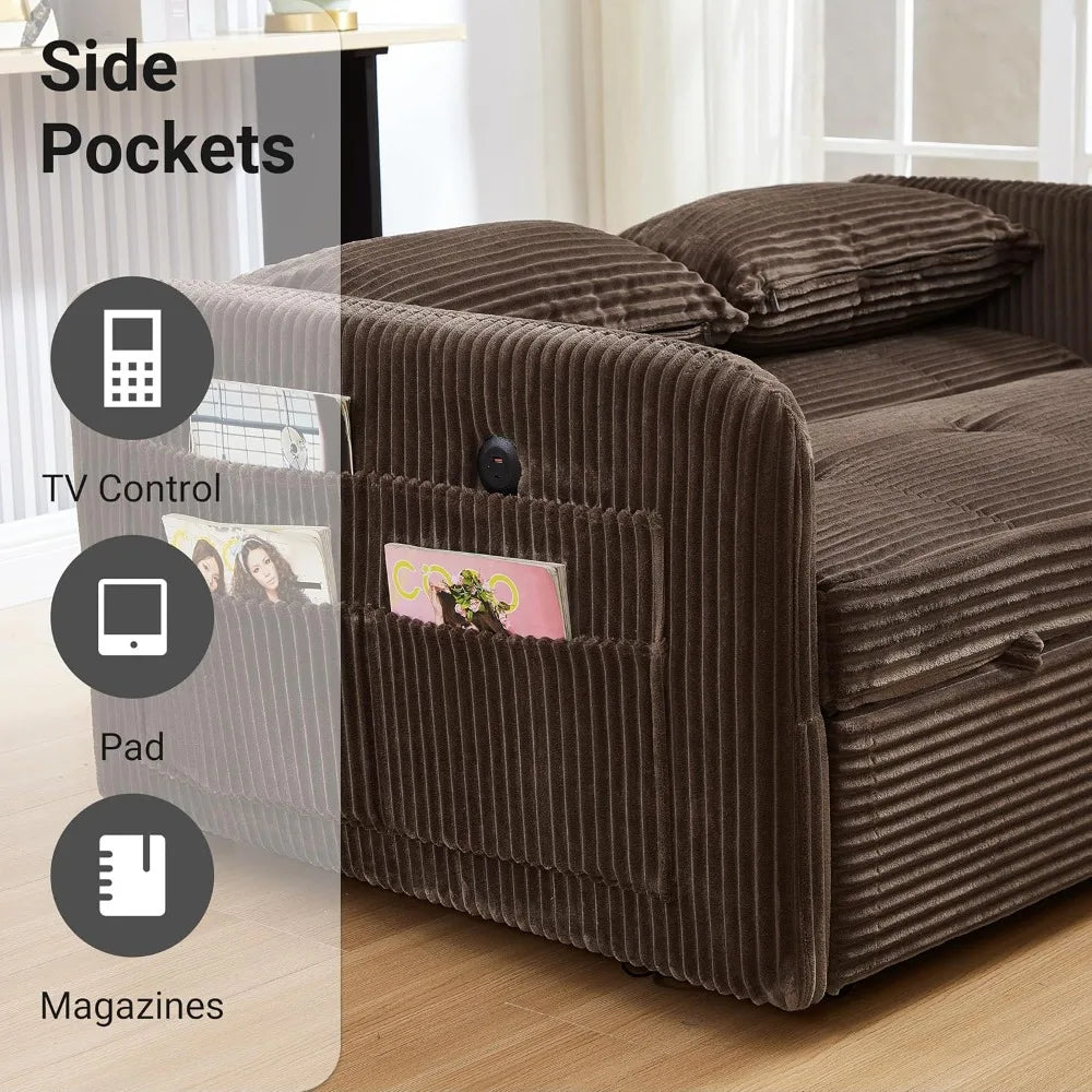 55.5" Corduroy Convertible Sofa Bed, Pull Out Sleeper with USB Ports, 3-in-1 Loveseat for Living Room, Apartment - Kimlud