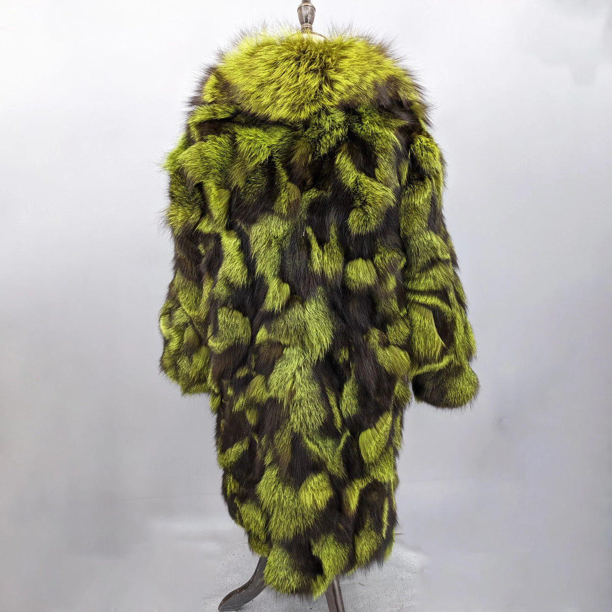 Women’s Genuine Real Fox Fur Patchwork Long Coat, Green‑Brown Color‑Block Wide Lapel Collar, Loose‑Fit Fluffy Luxury 260628