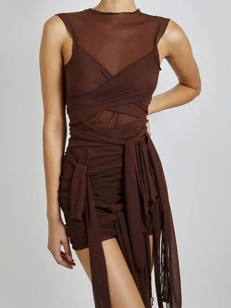 Bangniweigou Ribbon Wrap Up Draped Mesh See Through Bandage Dress Women Mummy Tie Up Bodycon High Waist Short Brown Dresses - Kimlud