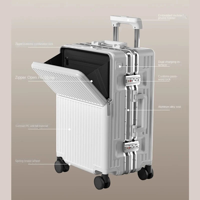 New Front Opening Luggage 24 inch USB Multifunctional Suitcase 20“ Boarding Trolley case 26 inch Large Capacity with Cup holder