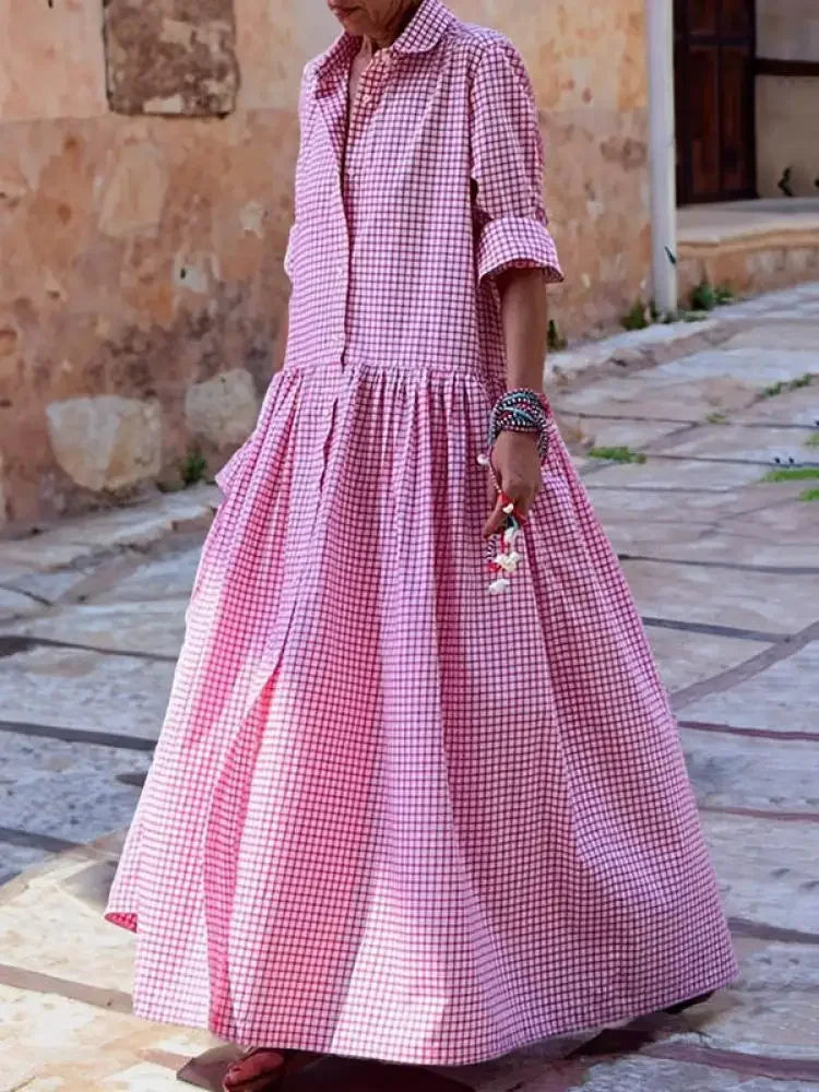 DSMTRC Women Spring Autumn Long Sleeve Loose Going Out Vacation Maxi Dresses New Casual Fashion Plaid Pleated Lapel Shirts Dress