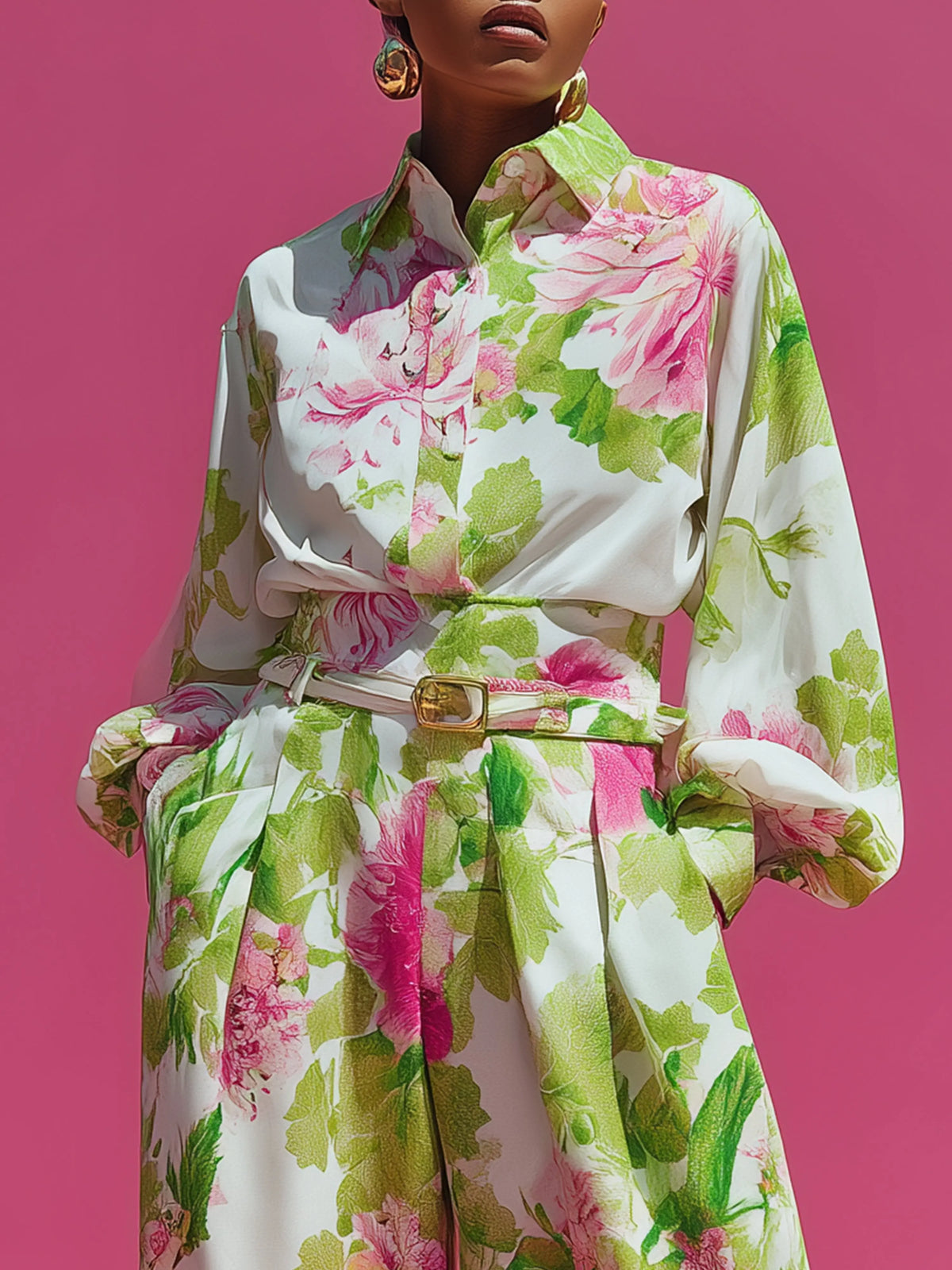 Elegant Women Flower Print Two Piece Set Vintage Long Sleeve Lapel Button Shirts+Loose Wide Leg Pants Sets Casual Holiday Suit