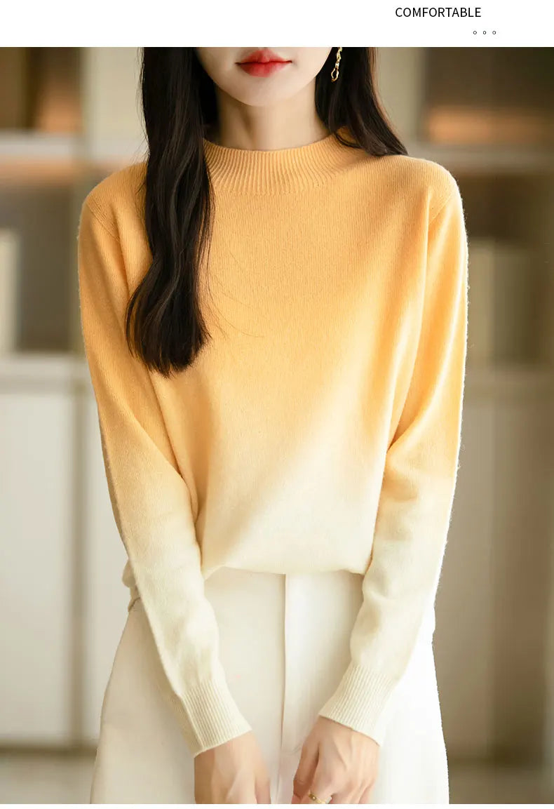 Women New Fine Wool Thickening Sweater Outwear Gradient Mock Collar Pullover Autumn Winter Bottoming Casual Warm Knitting Tops