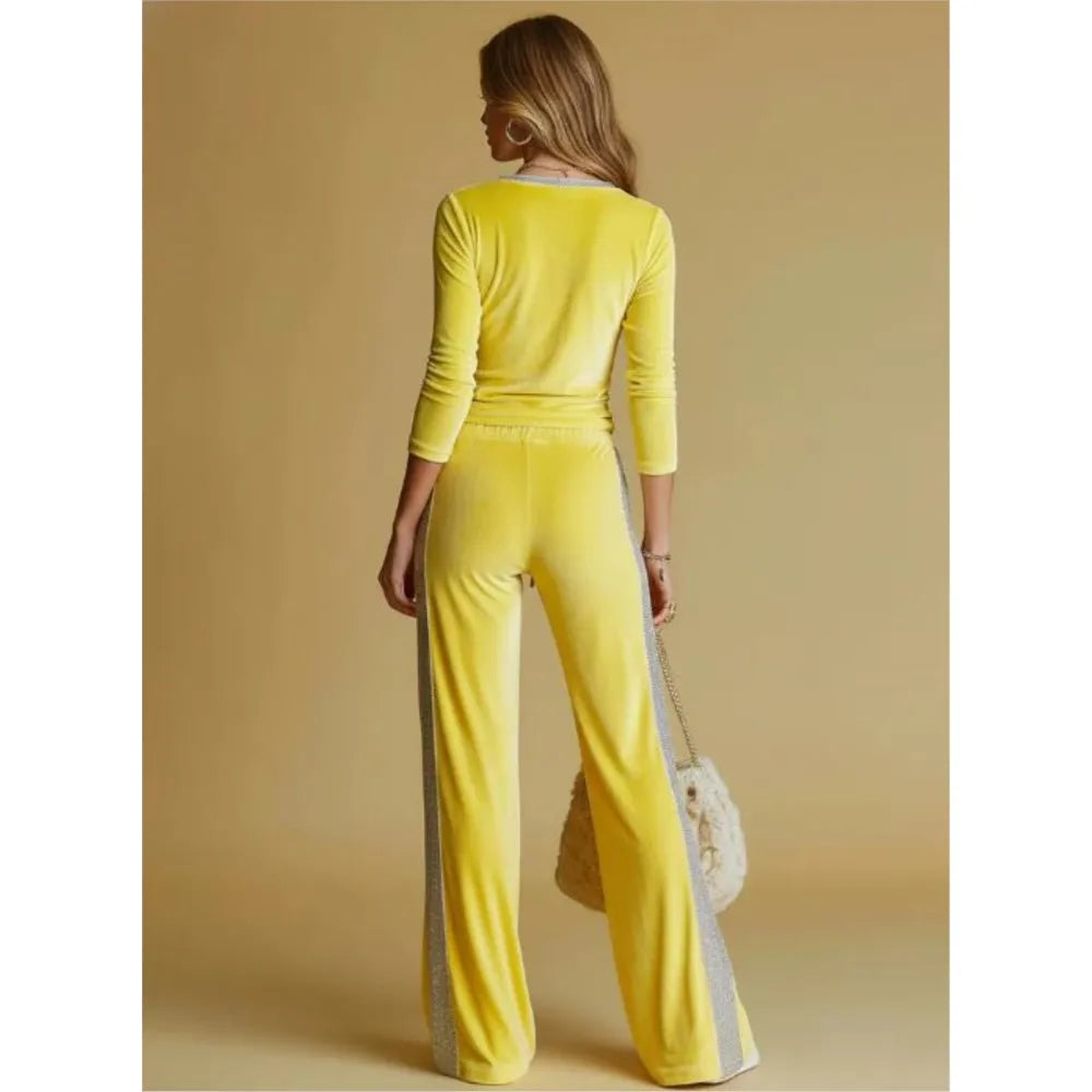 Spring Autumn Women's Fashion Velvet Pants 2-Piece Set Spliced V Neck Long Sleeve Elastic Waist Tie Casual Sports Pants Suit - Kimlud