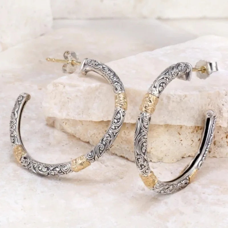 Women's Bohemian Style Two Color Curly Grass Patterned Earrings Exotic Patterns Metal Hoop Earrings Vintage Jewelry Accessory