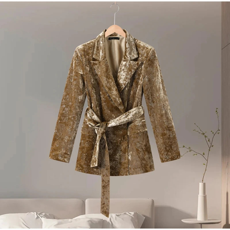 Fashion Velvet Print Lapel Belt Suit Pant Set Women Solid Lace Up Full Sleeve Blazer Wide Leg Cuffed Pants 2025 Autumn Lady Sets