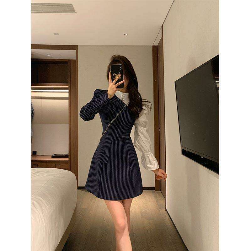 Hikigawa Chic Fashion Women Elegant Patchwork Striped Dresses Office Lady Early Autumn Vintage All Match MIni Vestidos Mujer