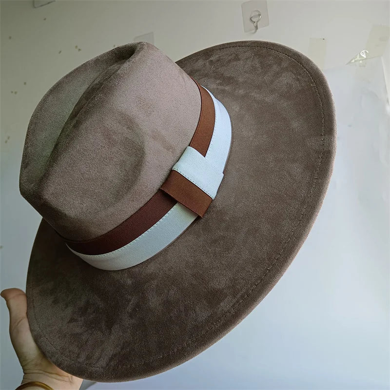 Colorblock Ribbon Colorful Suede Hat Autumn and Winter Women's Felt Hat Wide Brim Hat British Style Retro Men's Gorras Hombre - Kimlud