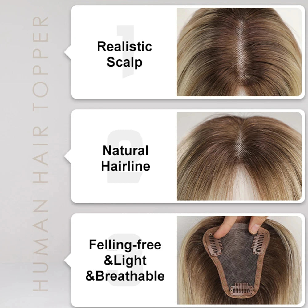 Ash Gray Brown 100% Remy Human Hair Toppers Clips In Hair Lace Base Topper Hairpieces for Women Hair Extensions 12 Inch Straight