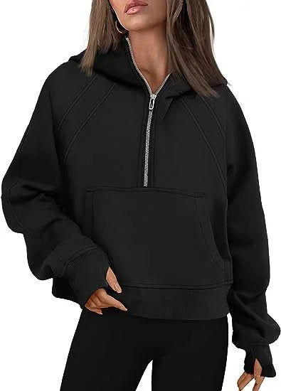 Half Zipper Hooded Short Plush Sweater, Casual Sports Sweater, New Fashion, Autumn, Winter, 2024 - Kimlud