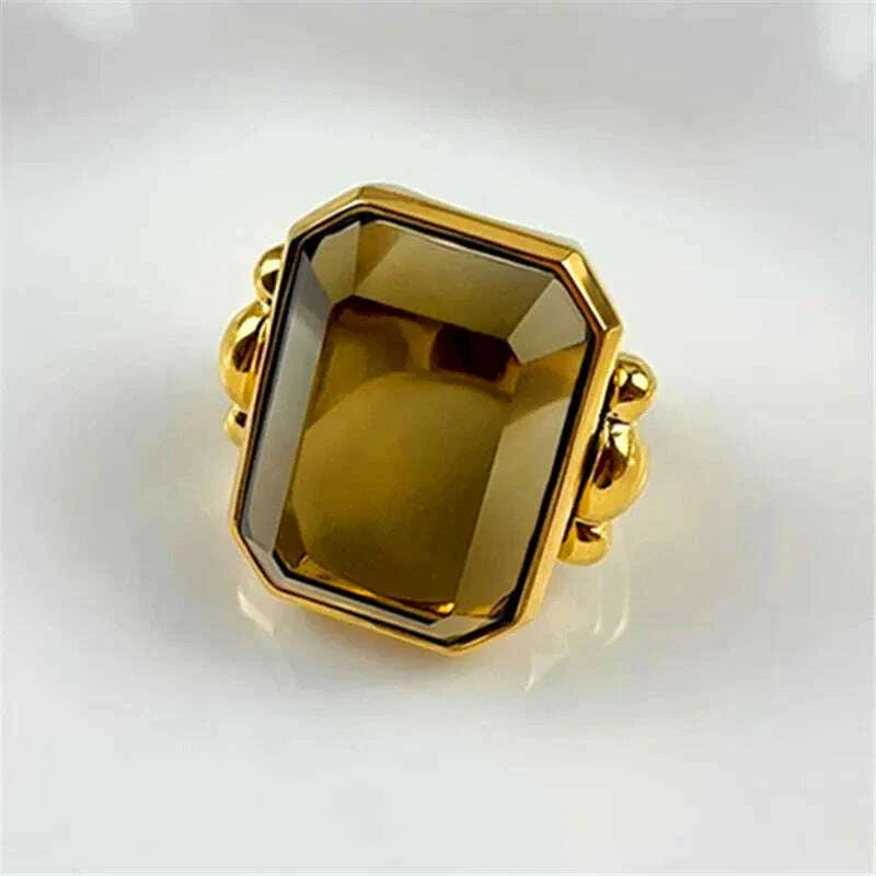 Fashion Square Natural Stone Crystal Ring Gold Color Metal for Women Brass Jewelry 2024 Light Luxury European And American