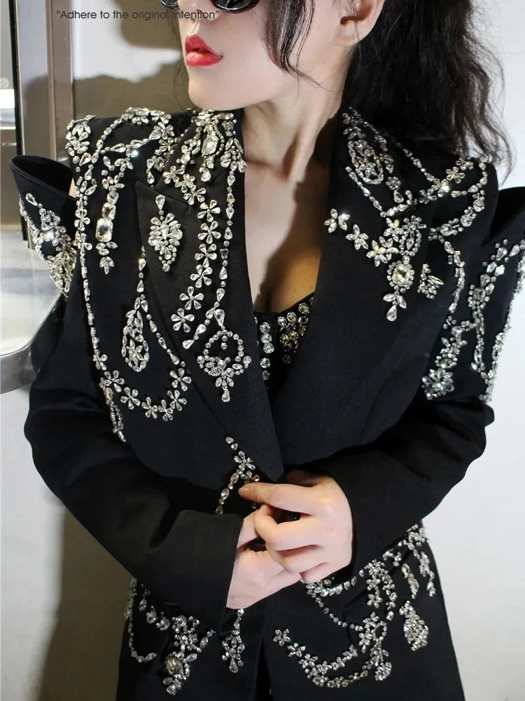 Luxury Women Crystal Beading Blazer Tops Sexy Backless Hollow Out Suit Coat Runway Designer Long Shiny Baroque Diamonds Jacket