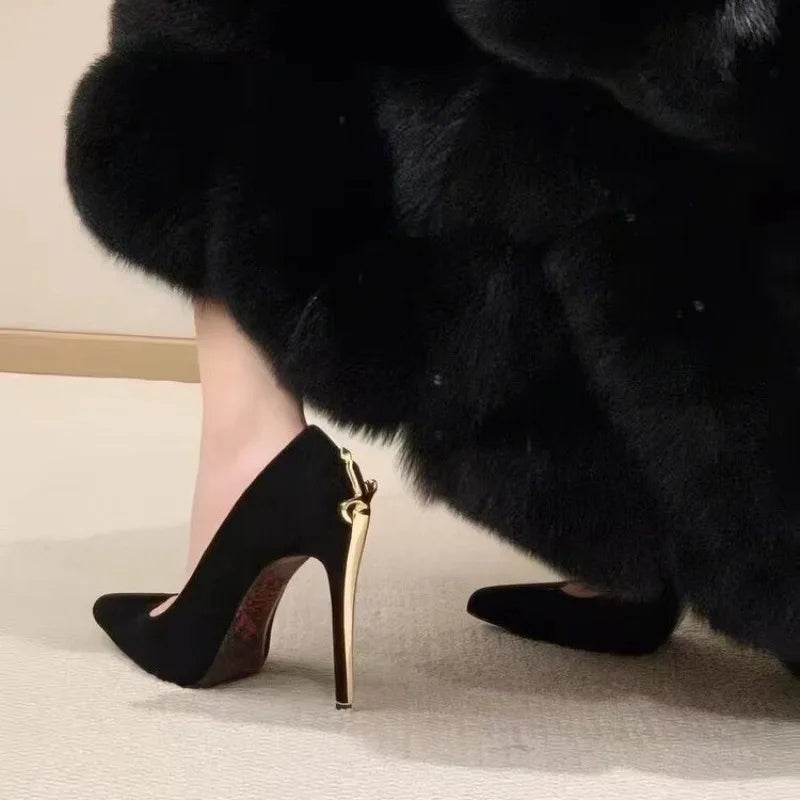 2026 Early Spring New High Heels Women's Fine Heels Pointed Metal Swords Sexy Queen Black Lacquer Leather Single Shoes