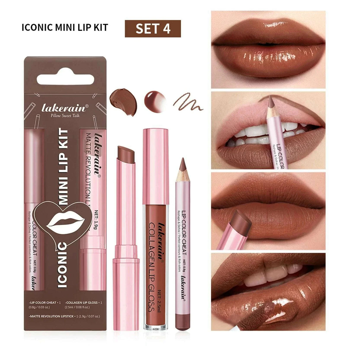 3pcs Lip Makeup Set Lip Liner Lip Gloss Lipstick Mirror Effect Beep Lips High Color Long-lasting Hydrates Travel Mini Set