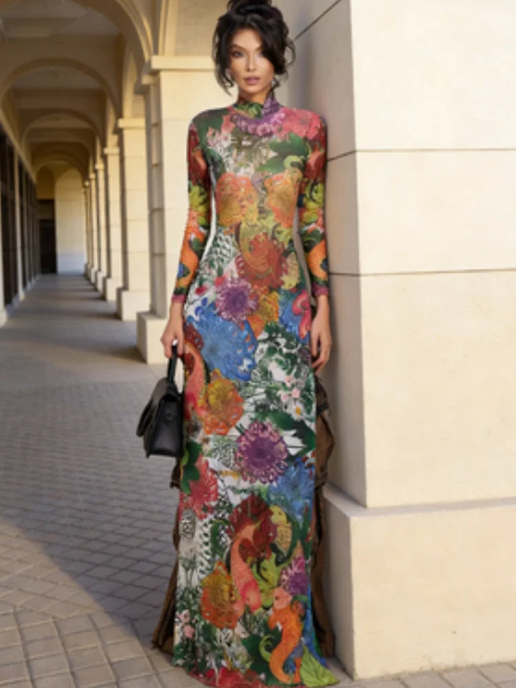 Whatiwear Spring Trend T-Shirts Woman Splits Hem Colorful Flower Extended Print o-Neck Full Sleeve High Waist Elegant...