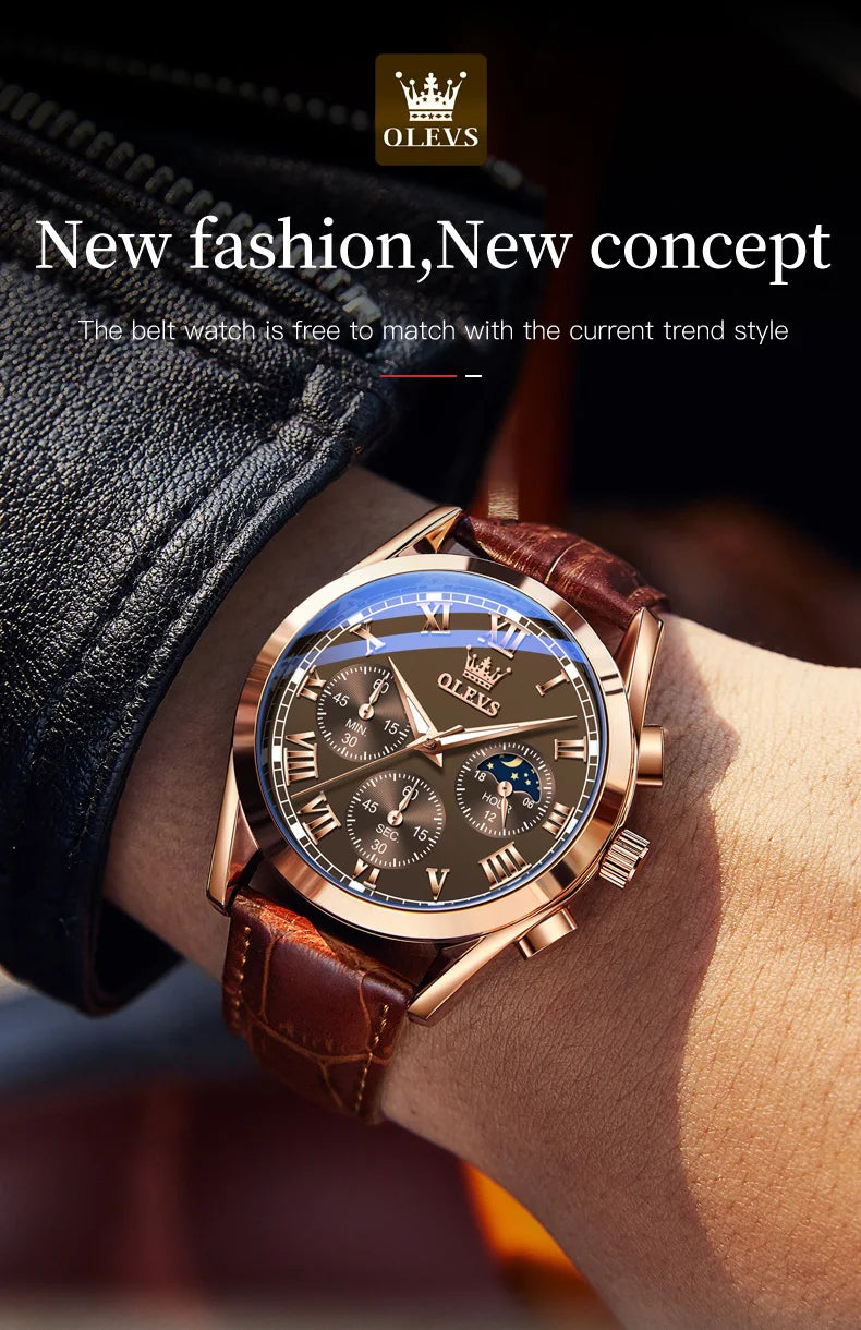 OLEVS 2871 Men Watch Original Brand Quartz Watch Multifunctional Chronograph Watch For Man Waterproof Luminous Moon Phase Watch - Kimlud