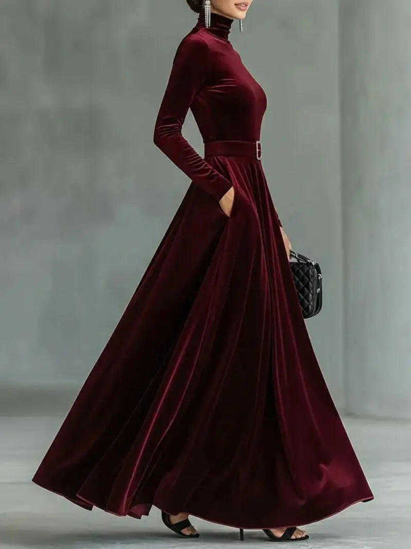 Velvet High Collar Base Dr Evening Gown mid Waist Long Skirt Ci Commute Sle Autumn Season Women's Faion Single Piece |...