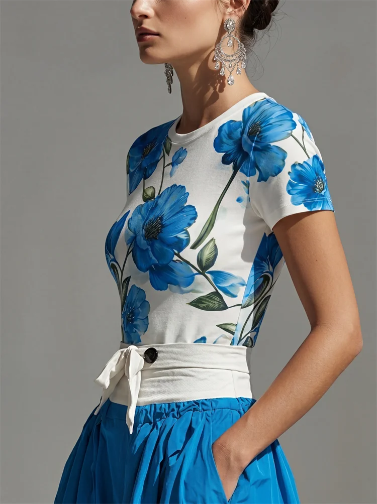 Yeezzi Women's Elegant Blue Floral Printed Matching Tops 2026 New Short Sleeves Round-Neck Slim Fit Casual Summer...