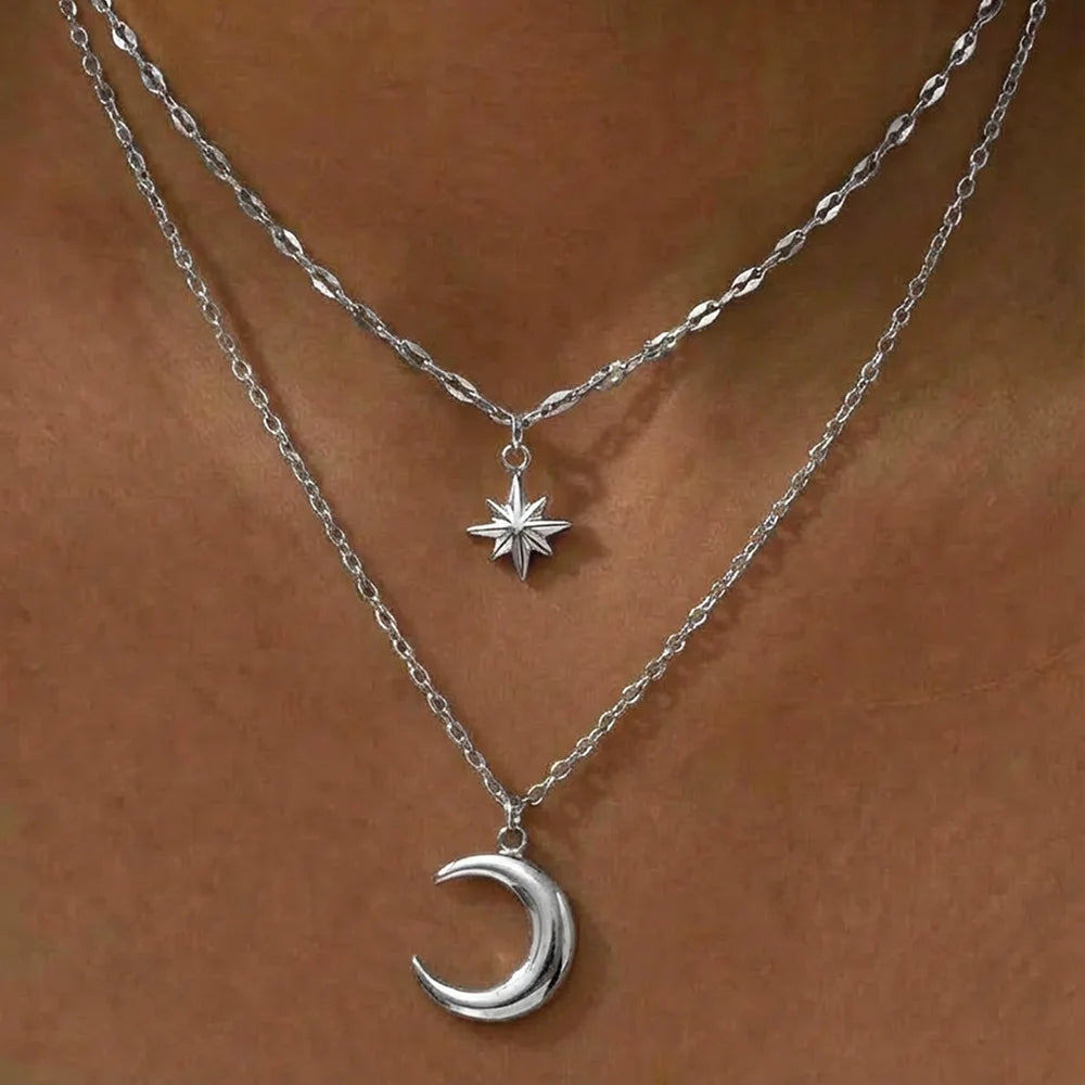 DOTIFI Stainless Steel Eight-Pointed Star Moon Pendant Double-Layer Necklace Women's Fashion Minimalist Commuter Chain Jewelry - Kimlud