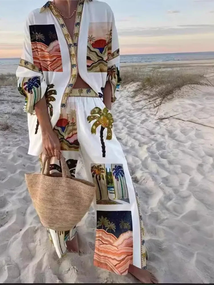Casual Printed Two Piece Set Women Spring Summer New Fashion Comfort Holiday Button Long Sleeve Shirts And Wide Leg Pants 2 Sets