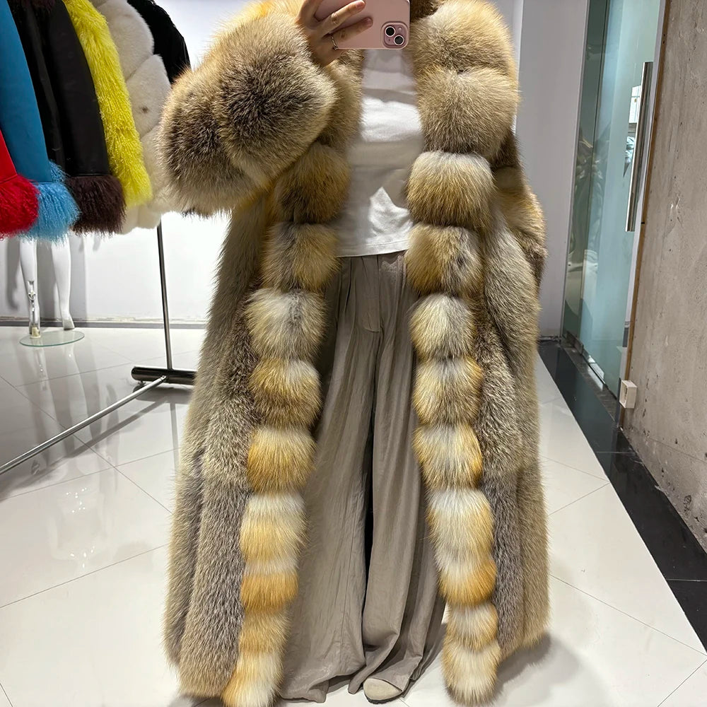 YOLOAgain Luxury Long Real Fox Fur Jacket Coat Women2025 Winter Natural Golden Fox Fur Coat Outerwear