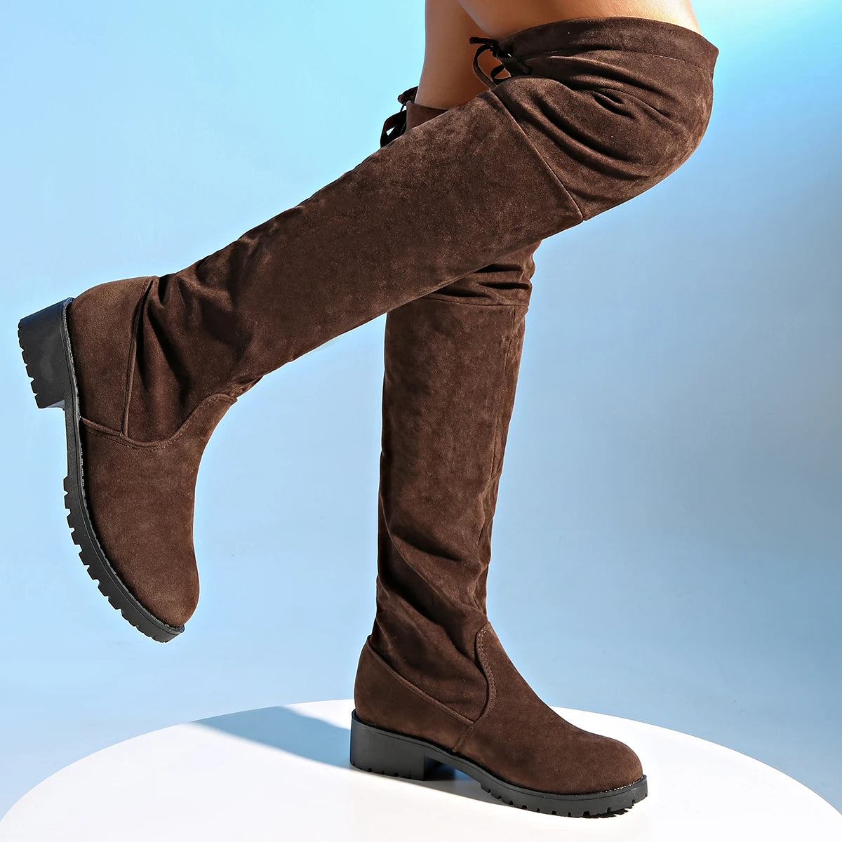 2024 New Women Boots Winter brown Over The Knee Boots Comfort Lace Up Chunky High Heels Shoes Fashion Warm Suede Round Toe Boots