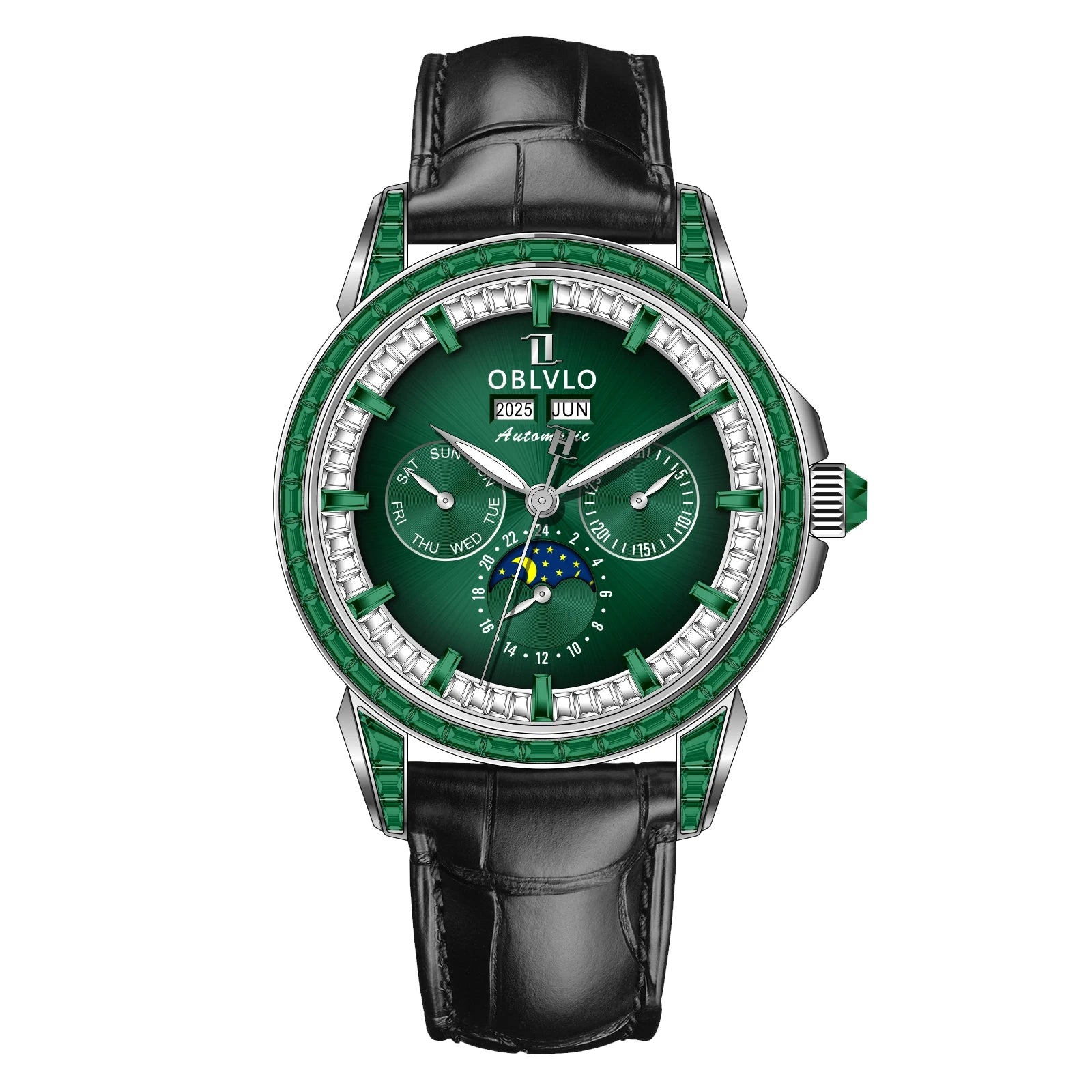OBLVLO Men's Fashion Automatic Watch Colorful Zircon Moonphase Mechanical Multifunctional Black Leather Strap Timepiece...