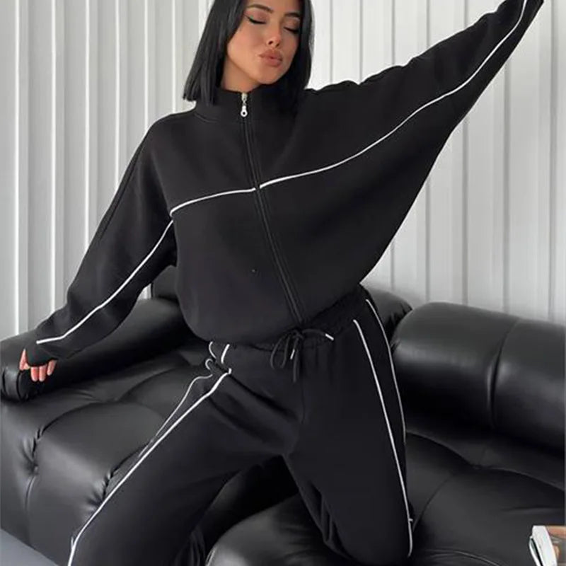 Zekye Women's Clothing Long-sleeved Semi-turtleneck Cardigan Sweater Strappy Striped Trousers Women's Suit Collection 2025 - Kimlud