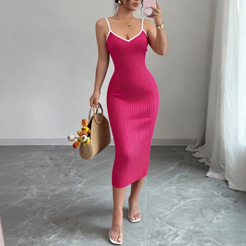 Women's Pink Spaghetti Strap Sleeveless Stretchy Sundress Knit Bodycon Midi Dress Sexy Summer Beach Vacation Party Long...
