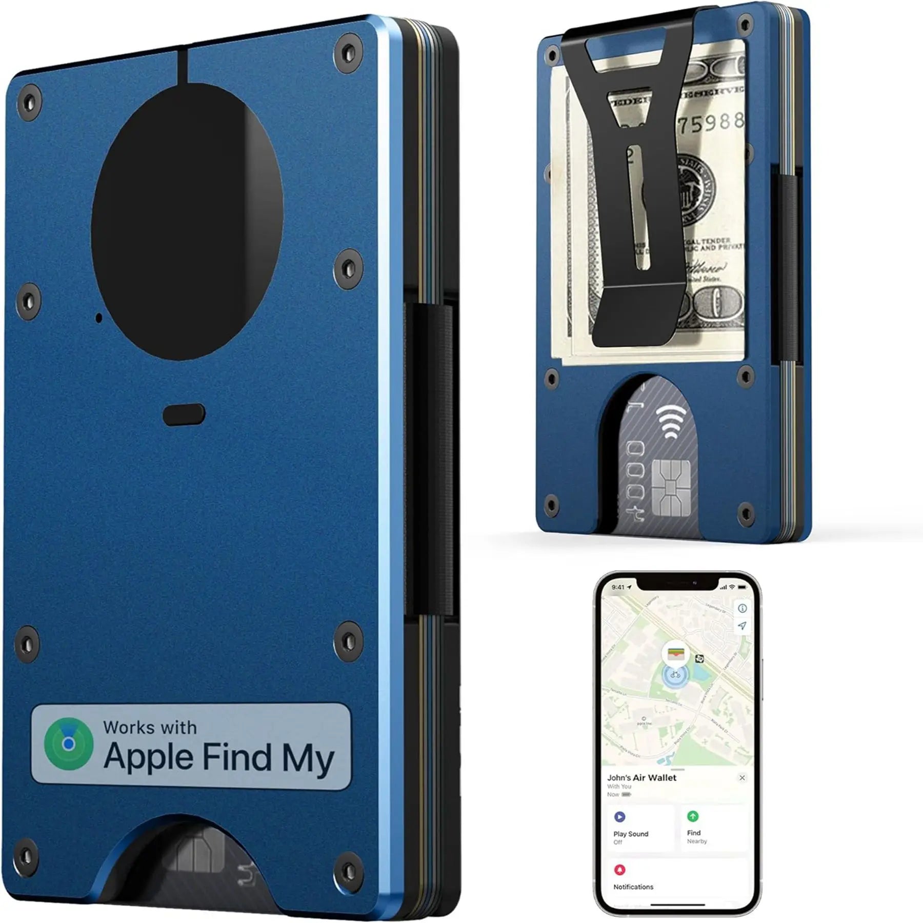 Wallet with Built in Airtag Chip, RFID Blocking Credit Card Holder, Compatible with Find My iOS Only, Detachable Money Clip