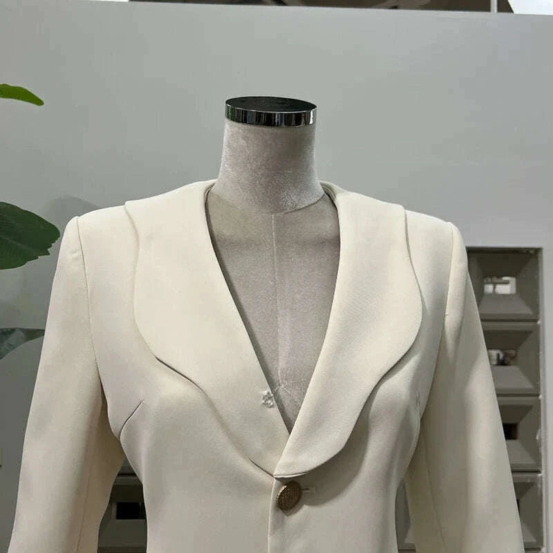 KBQ Solid Spliced Appliques Tunic Coats for Women Lapel Long Sleeve Patchwork Single Breasted Temperament Coat Female Fashion