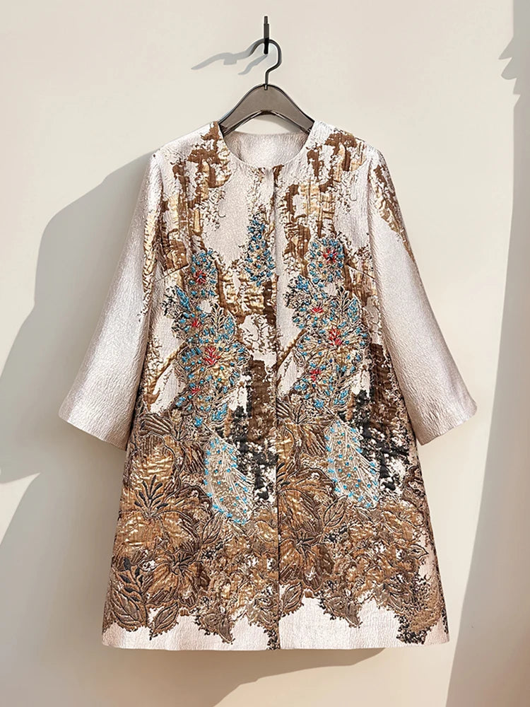 Luxury Jacquard Coat for Women Autumn Winter Vintage Gold Embroidery Beaded 3/4 Sleeve Loose Outerwear Elegant Retro Jacket