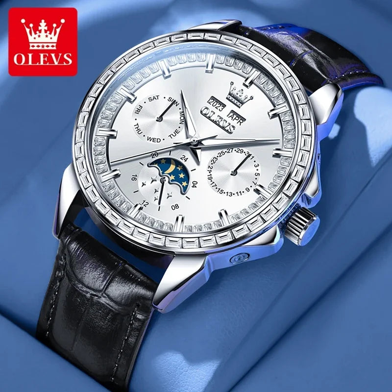 OLEVS 6695 NEW Men's Watches Full Multifunctional Dial Blue Leather Strap Calendar Week Moon Phase Waterproof Wristwatch...
